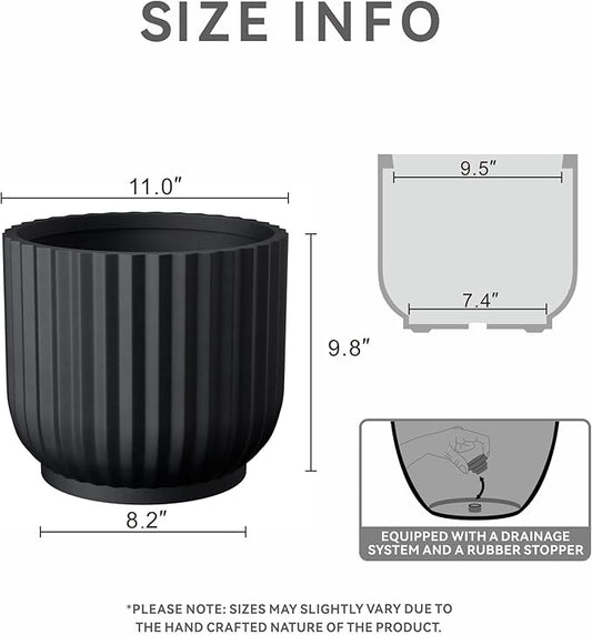 Kante Round Fulted Planter, 11 Inch Dia Large Concrete Plant Pots with Drainage Hole and Rubber Plug, Modern Decor for Indoor Outdoor Plants, Flower, Black