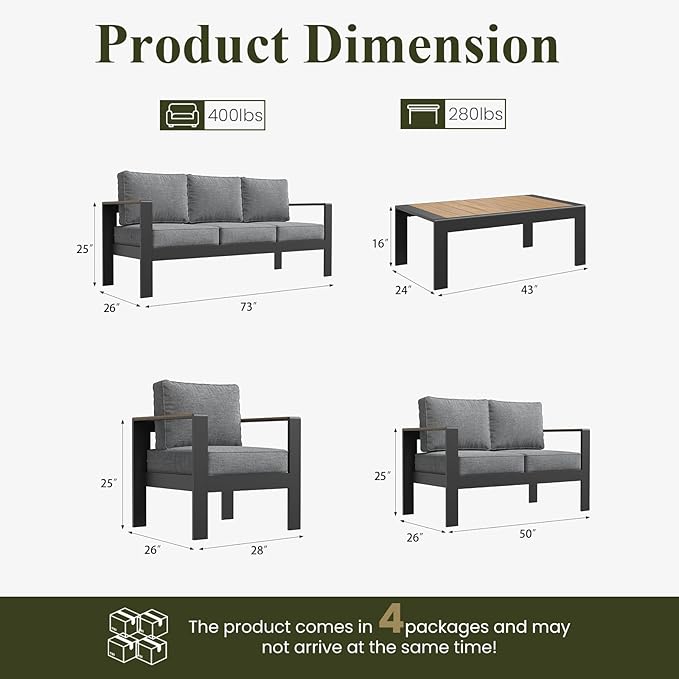 LayinSun 5 Piece Aluminum Outdoor Furniture Set with Coffee Table, Outside Patio Deep Seating Conversation Set with Upgraded Washable Thick Cushion