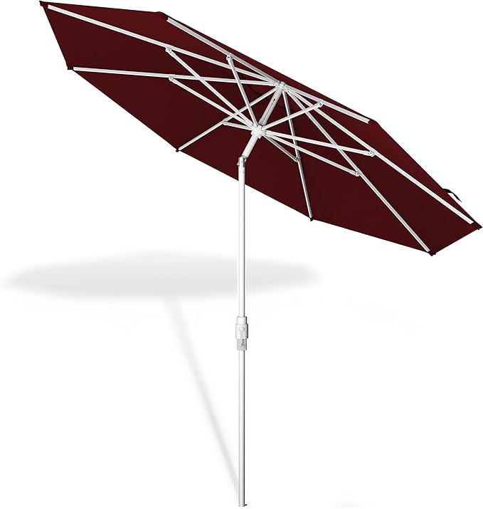 Midtown Umbrellas The Swilt 10 Feet Patio Umbrella in Sunbrella Burgundy Acrylic Fabric - Fiberglass Ribs, Auto-Tilt Aluminum Frame For Backyard, Deck, Garden, Pool - White Pole