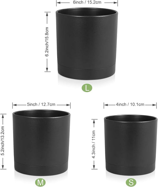 6/5/4 inch Flower Pots, Set of 3 Cylinder Plant Pots for Small Indoor Outdoor Plants, Plastic Planters with Drainage Holes and Saucers for Garden Succulent Nursery House Plants, Black