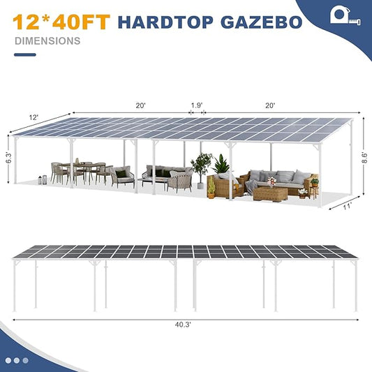 MEISSALIVVE 12' x 40' Gazebo, Wall Mounted Gazebo, Lean to Metal Awnings Gazebos with Sloped Roof, Outdoor Patio Awning for Backyard, Deck, White