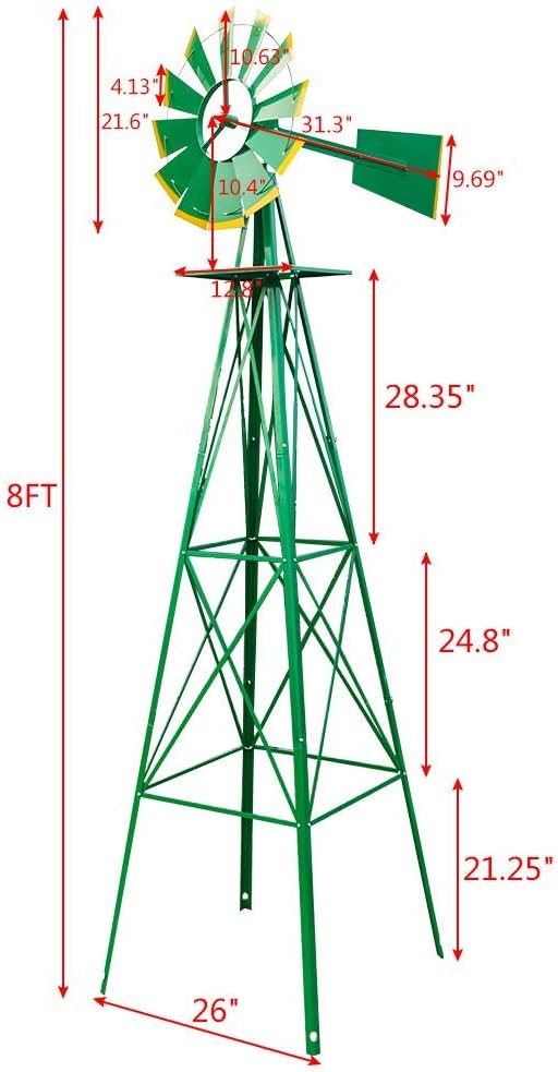 8FT Windmill for Yard Garden Decoration with Weather Vanes,Heavy Duty Outdoor Wind Mills, Large Metal Outdoor Windmill, Weather Resistant,Green