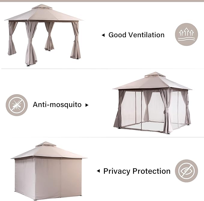 LAUSAINT HOME Outdoor Patio Gazebo 10'x10' with Expansion Bolts, Heavy Duty Party Tent & Shelter with Double Roofs, Mosquito Nettings and Privacy Screens for Backyard, Garden, Lawn, Khaki