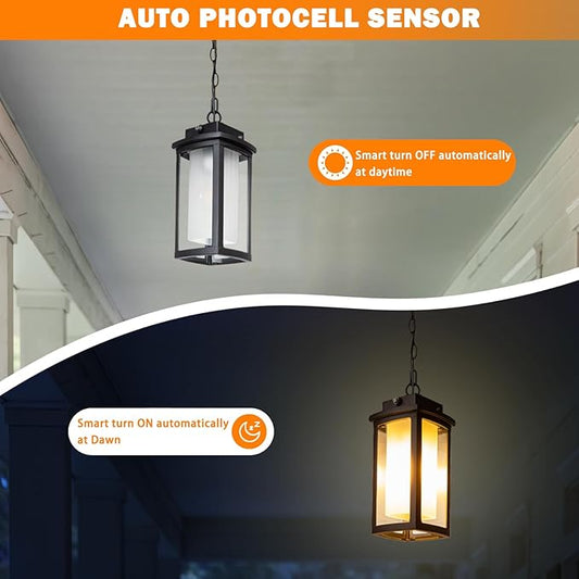 JYZ Dusk to Dawn Outdoor Hanging Light, Exterior Pendant Lantern Dusk Till Dawn, Modern Contemporary Indoor Outdoor Chandelier Lamp Ceiling Mount for Front Porch Gazebo Patio Garden Pergola