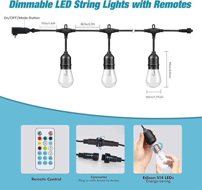 Auroraworld 24FT RGB Outdoor String Lights, Dimmable Color Changing Waterproof LED Patio Lights with Remote, 12 Shatterproof Bulbs for Backyard Garden Party Decor