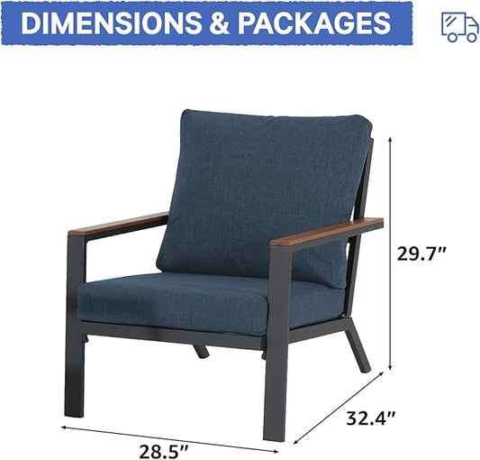 Soleil Jardin Aluminum Patio Furniture Armchair Set of 2, Outdoor Patio Chair with FSC Certified Solid Wood Top, Outdoor Conversation Set Deep Seating Single Chair w/Removable Cushion, Denim Blue