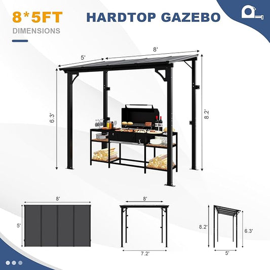 MEISSALIVVE 8' x 5' Gazebo Outdoor Pergola for Patio, Small Wall Mounted Lean to Metal Awnings with Sloped Roof, Heavy Duty Awnings for Patio, Decks, Backyard, Black