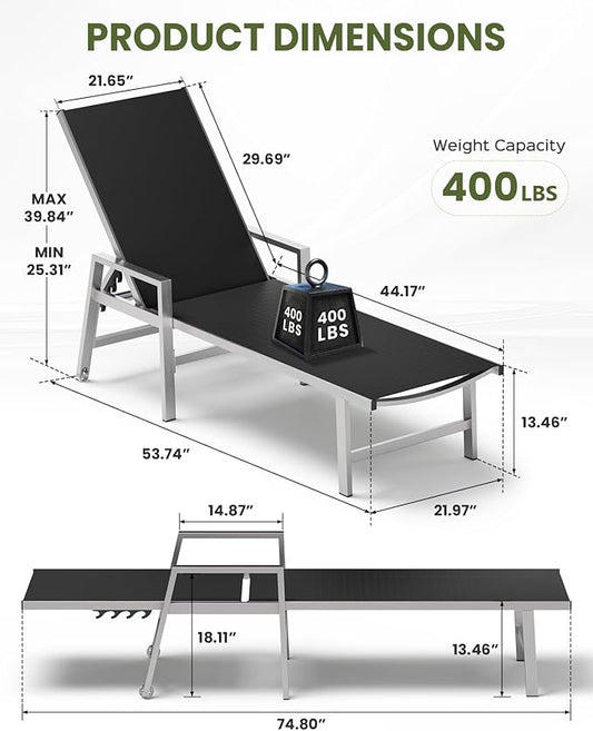 Patio Chaise Lounge Chair Outdoor with Wheels&Armrests, Aluminum Pool Lounge Chairs 5-Position Adjustable Recliner, Outdoor Beach Lounge Chairs for Poolside, Patio, Deck, Yard, Black