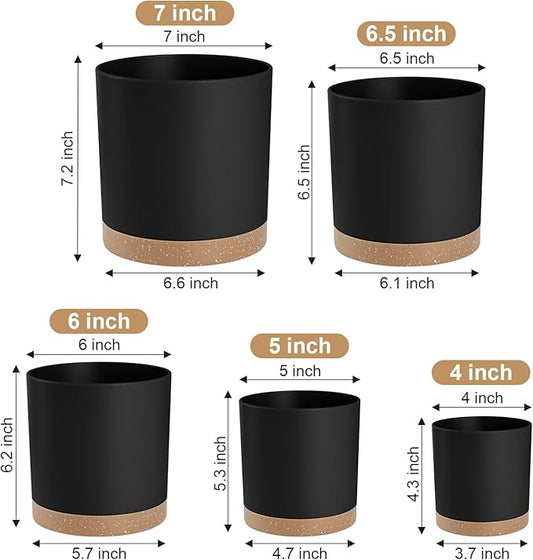 Plant Pots with Drainage Holes and Saucers – 7, 6.5, 6, 5, 4 Inch Plastic Planters for Indoor Outdoor Plants, Modern Matte Finish, Lightweight & Durable(Black)