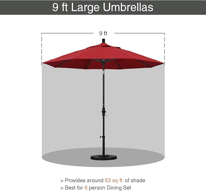 California Umbrella 9' Round Aluminum Pole Fiberglass Rib Patio Umbrella, Crank Lift, Collar Tilt, Black Pole, Red