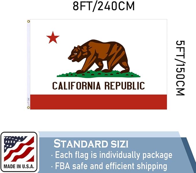 California Republic State Flag 5x8 FT Made in The USA-Heavy Duty Vibrant Colors Double Sided Cali CA Flag with 2 Brass Grommets for Home/Company/Indoor Outdoor Decoration