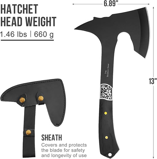 Camping Hatchet Axe with Leather Sheath – 13" Full Tang Compact Survival Tomahawk with Wood Handle for Outdoor Backpacking, Bushcraft, Hiking, and Camping