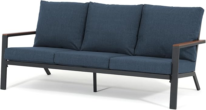 Soleil Jardin Aluminum Patio Furniture 3-Seater Couch, Outdoor 3 Seats Sofa with FSC Certified Solid Wood Top, Outdoor Conversation Set 3 Seater Deep Seating w/Removable Cushion, Denim Blue