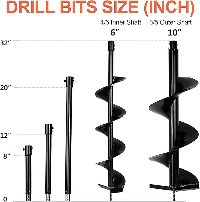DC HOUSE Post Hole Digger, 52cc 1800W Gas Powered Earth Auger Earth Digger, Auger Post Hole Digger with Two Drill Bit 6" & 10" and Extension Rods, for Fence, Farmland and Garden, EPA Certified