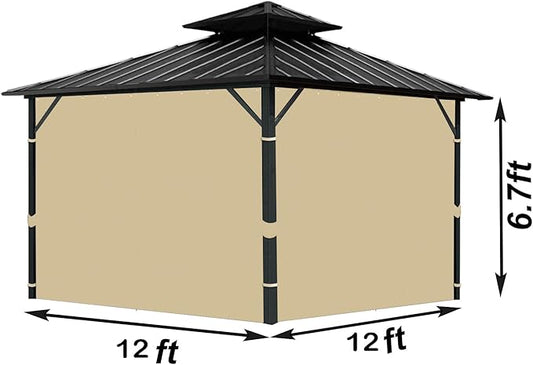 Gazebo Universal Replacement Privacy Curtain, 12'X12' Gazebo Curtains Outdoor Waterproof, 4-Panels Sidewall with Zipper for Patio, Garden and Backyard (Only Curtains, 12'X12', Khaki)
