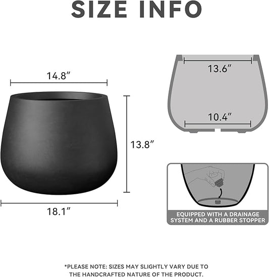 Kante Curva Series Planter, 14.8 Inch Round Concrete Garden Pot with Draiange Hole and Rubber Plug, Suitable for Indoor Plants, Home, Garden, Patio, Black