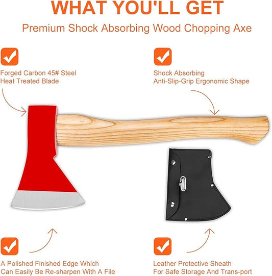 15” Chopping Axe with Sheath, Small Camping Hatchet Hand Axe for Wood Splitting, Outdoor Bushcraft Axe Tools for Hiking Gardening with Anti-Slip Handle