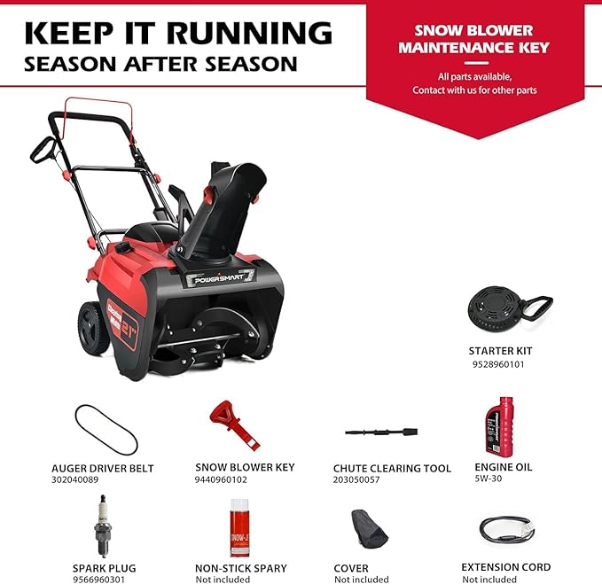PowerSmart Single-Stage Gas Snow Blower with Electric Start, 21-Inch, 212cc 4-Stroke Engine, LED Light