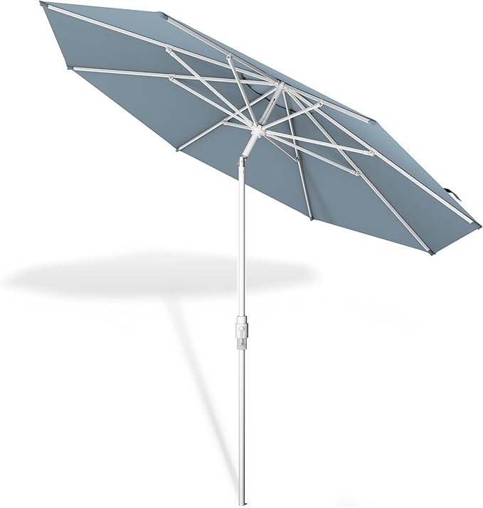 Midtown Umbrellas The Swilt 8 Feet Patio Umbrella in Sunbrella Canvas Haze Acrylic Fabric - Fiberglass Ribs, Auto-Tilt Aluminum Frame For Backyard, Deck, Garden, Pool - White Pole