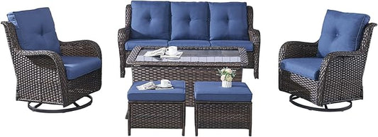 Rilyson 6 Piece Outdoor Patio Furniture Set - Rattan Wicker Patio Conversation Sets with 2 Swivel Rocker Chairs,2 Ottomans,1 Sofa and 1 Coffee Table for Outside Porch Deck Backyard(Brown/Blue)