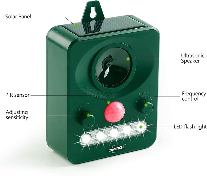 Ultrasonic Animal Deterrent with Flashing Strobe Light, Solar Powered Outdoor Repeller for Raccoons, Cats, Deer, Squirrels, Motion-Activated, Humanely Protects Garden & Lawn.