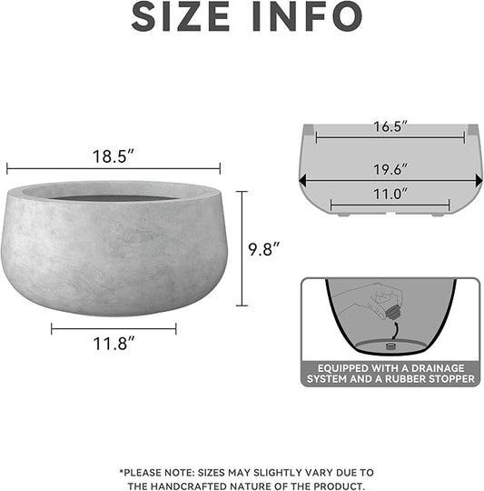Kante 19.6" Dia Round Concrete Planter, Cement Plant Pots with Drainage Hole and Rubber Plug for Outdoor Indoor Garden Home, Modern Curvaceous Design, Natural Concrete