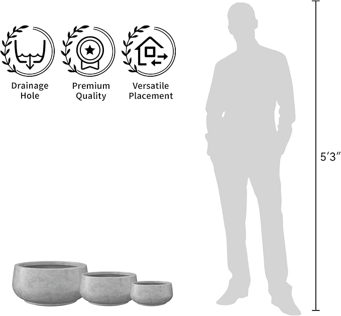 Kante 16.9" Dia Round Concrete Bonsai Planters, Outdoor Indoor Garden Plant Pot with Drainage Hole for Home, Patio, Garden, Concrete Gray