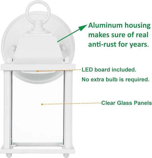LIT-PaTH Outdoor LED Wall Lantern, Wall Sconce as Porch Light, 9.5W 800 Lumen, Aluminum Housing Plus Glass, 5000k-Matte White Finish, 1-Pack
