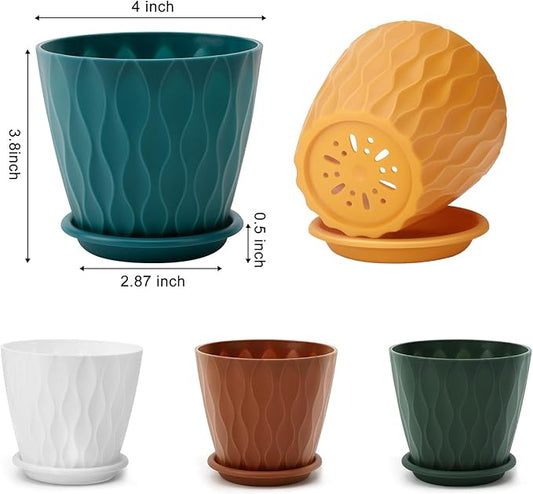 4 inch Plant Pots, 5 Pack Flower Pots Outdoor Indoor, Planters with Drainage Holes and Tray Saucers((Multicolor)