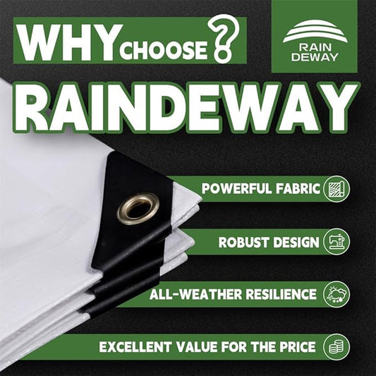 RAINDEWAY 12 Mil Heavy Duty White Tarp 10x12 Feet, UV Resistant, Waterproof, Weatherproof Poly Tarp with Metal Grommets and Reinforced Edges