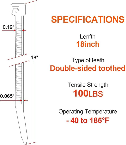 18 Inch Zip Ties Double Sided Toothed,100 LBS Tensile Strength Heavy Duty Cable Wire Ties With Self-Locking Adjustable More Durable Nylon Tie Wraps for Indoor Outdoor(200 Pack)