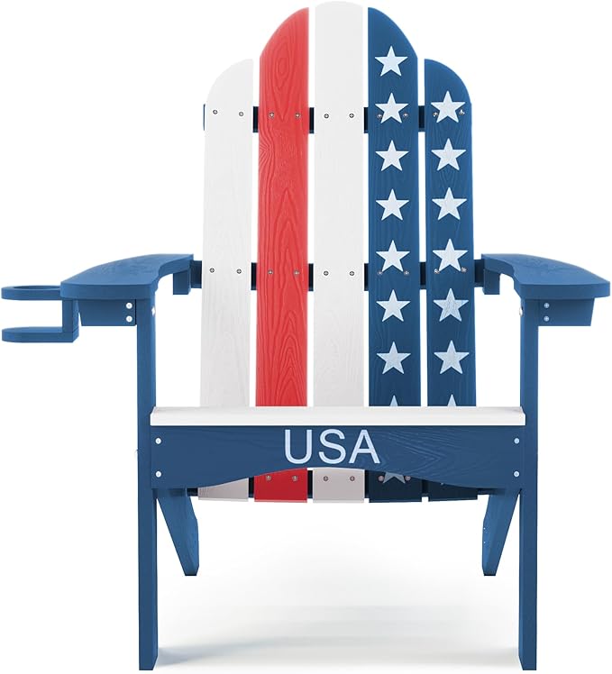 LUE BONA HDPS Adirondack Chairs, Fire Pit Outdoor Chair Weather Resistant with Cup Holder, Modern Plastic Chair Plastic for Patio, Deck, Proch, 350LBS, Flag Blue