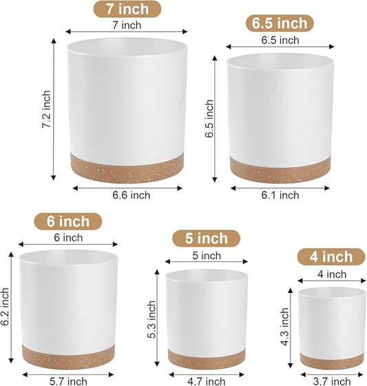 Plant Pots with Drainage Holes and Saucers – 7, 6.5, 6, 5, 4 Inch Plastic Planters for Indoor Outdoor Plants, Modern Matte Finish, Lightweight & Durable(White