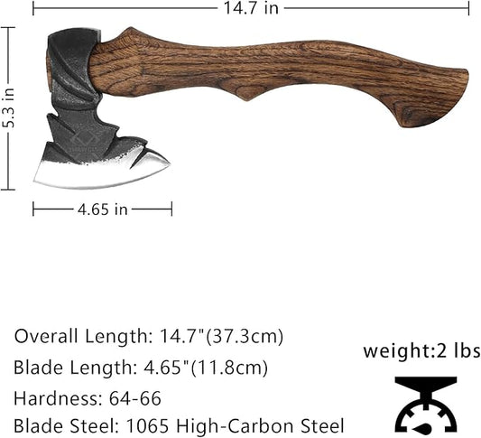 14.7" Hatchet, Camping Hatchets with 1065 Carbon Steel & Wooden Handle, Bushcraft Hatchet with Leather Sheath and Sharpener, Survival Axe for Wood Chopping, Cutting and Splitting