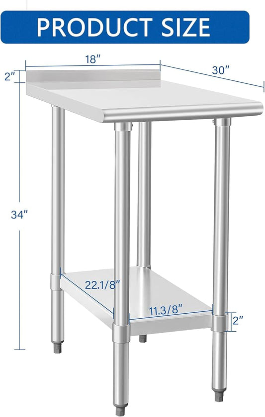HARDURA Stainless Steel Commercial Work Table Prep Work Metal Table 30×18 Inches with Undershelf and 2" Backsplash Heavy Duty NSF 430 for Kitchen Food Prep