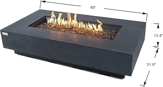 Elementi+ | Positano Gas Fire Pit Cast Concrete 60" Rectangular Fire Table, Outdoor Fire Pit Electronic Ignition | Canvas Cover, Fire Glass and Burner Lid Included | Dark Gray | Propane Gas