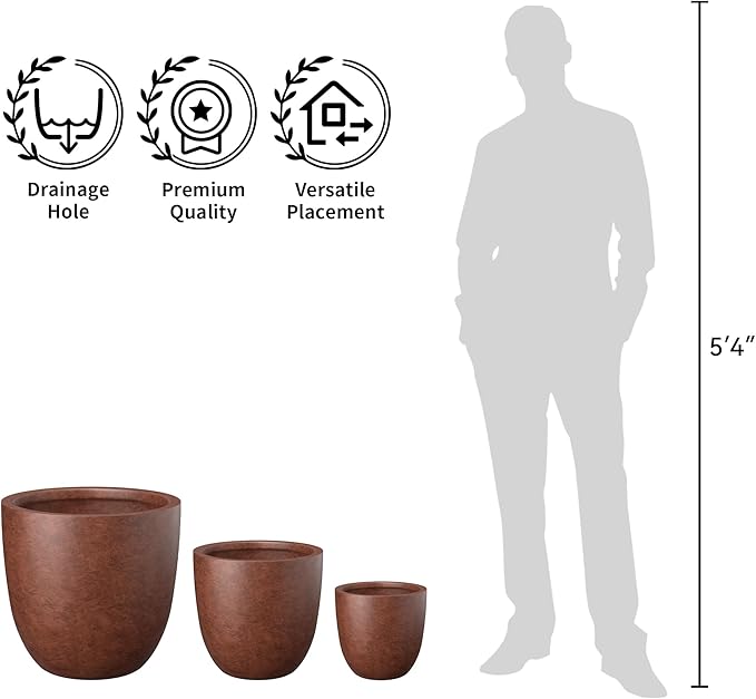 Kante 14 Inch Dia Round Concrete Planter, Indoor Outdoor Large Plant Pot with Drainage Hole and Rubber Plug for Home Patio Garden, Rusty