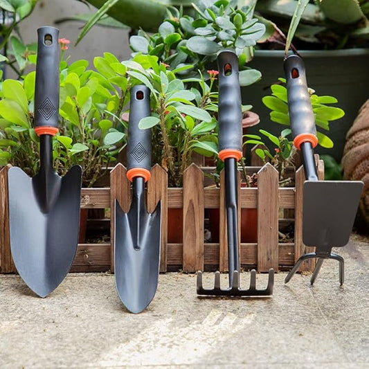 Arinasun Garden Tool Set, 4 Pieces, Including 2 Shovels,1 Rake, 1 Cultivator, Rust-Resistant lron Tools, Rubber Grip Handles
