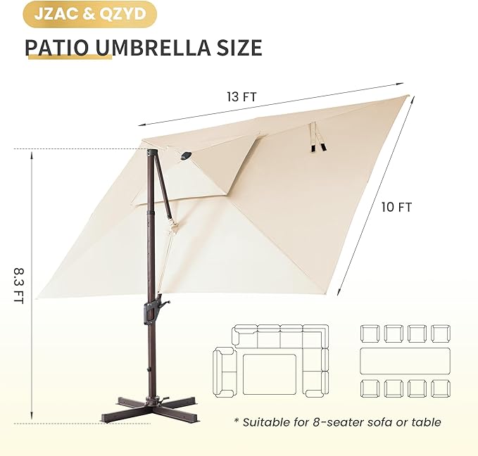 JZAC & QZYD 10 X 13 FT Cantilever Patio Umbrella Outdoor Rectangle Offset Large Double Top Heavy Duty Umbrellas with 360° Rotation for Pool Deck Backyard Garden, Beige