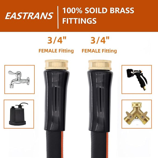 EASTRANS Short Garden Hose 10 ft x 5/8", Heavy Duty Black Orange Water Hose with Female to Female Brass Connector for All-weather Outdoor