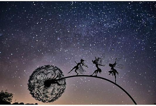 Flower Fairy Dancing with Dandelion Garden Art Sculpture Stainless Steel Statue Christmas Halloween Decoration for Outdoor Yard Courtyard Lawn Patio Metal Ornaments (Three Persons)