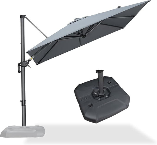 PURPLE LEAF 8 Feet Square Cantilever Umbrella Patio Umbrella with Base Outdoor Umbrella Aluminum Offset with 360-degree Rotation for Garden Deck Pool Patio Light Grey