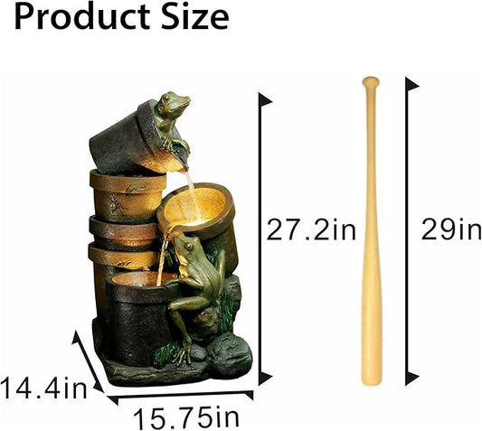 27.2''H Garden Fountains Outdoor Water Fountain,3 Tier Cascading Barrel Frog with LED Lights & Pump for Farmhouse Patio Yard Deck Home Lawn Porch House Decorations