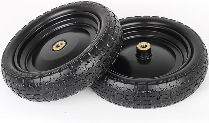 13" Flat-free Solid Tire and Wheel Replacement, with 5/8" Axle Bore Hole, 2.2" Offset Hub for Wheelbarrow Garden Wagon Trolley Dolly (4-pcs)