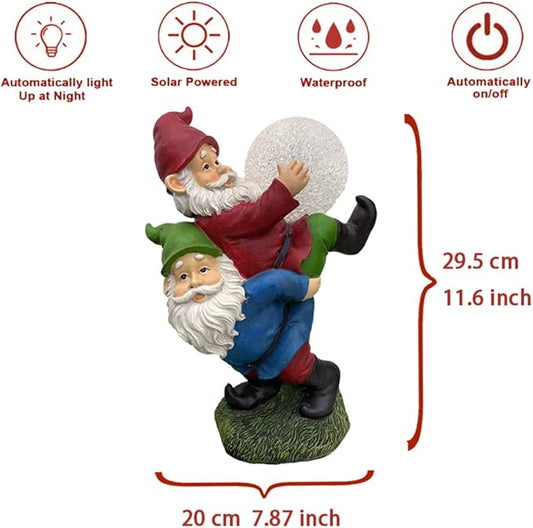 Solar Powered 2 Gnomes Playing with Ball, Decorated Solar Light, Garden Decorations Statues, Resin Garden Figurines (2 Gnomes with a Glass Ball)