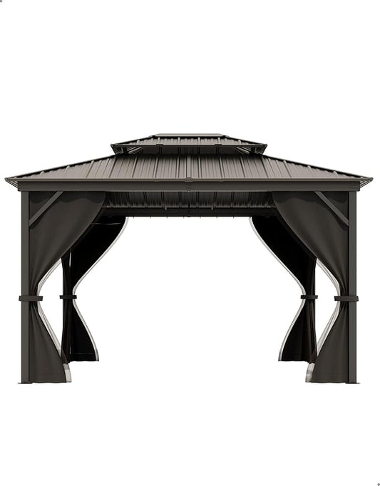 12x14 Ft Hardtop Gazebos with Heavy Duty Double Roof, Nettings and Curtains Galvanized Steel Outdoor Gazebos for Patio, Backyard, Deck, Lawn (Grey)