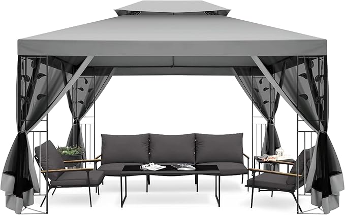 COBIZI Gazebo 10x13 Heavy Duty Gazebos with Improved Nettings Outdoor Gazebo Double Roof Patio Gazebos with Metal Steel Frame Outdoor Canopy for Patio,Garden, Backyard (Gray)