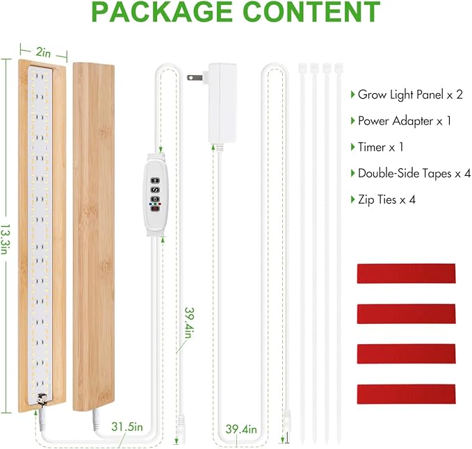 FOXGARDEN Bamboo Grow Light Strip for Indoor Plants, Full Spectrum 192 LED Bright Plant Light with Auto On/Off Timer 4/8/12H, 10 Dimmable Brightness, 2 Strips with 1 Controller