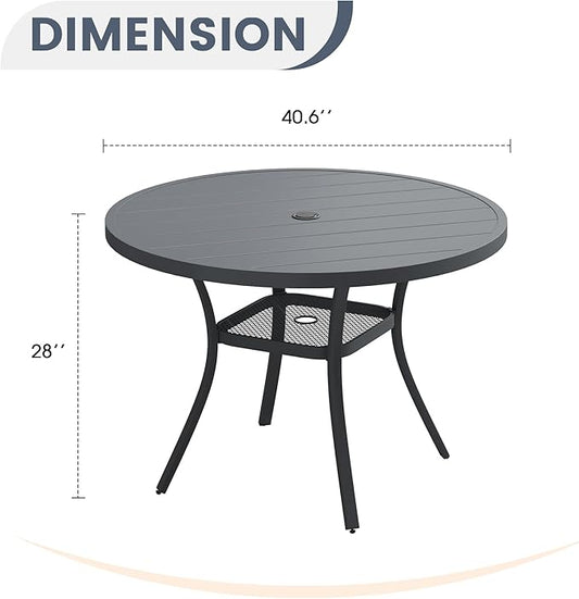 VICLLAX 40.6" Round Metal Outdoor Dining Table for 4, Patio Table with Umbrella Hole and Storage Shelf for Garden, Lawn, Deck, Dark Grey