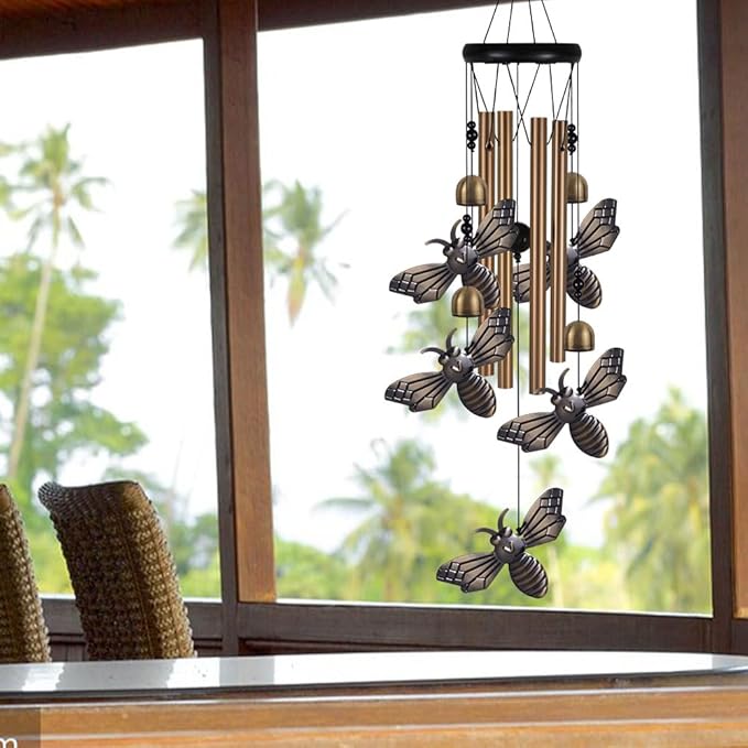 Garden Bee Wind Chimes Outdoor Indoor Decor - with 4 Tubes 4 Bells 5 Bees Wind Chime, Mobile Romantic Bee Wind Catcher, Bees Windchimes for Home, Mom Gifts, Balcony, Tree, Festival, Garden Decoration